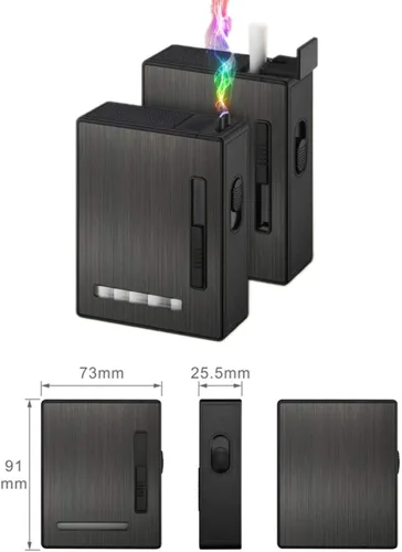 Vista 4 de Estuche de cigarrillos de expulsión automática de 20 piezas con encendedor de arco eléctrico recargable, resistente al viento, sin llama, soporte