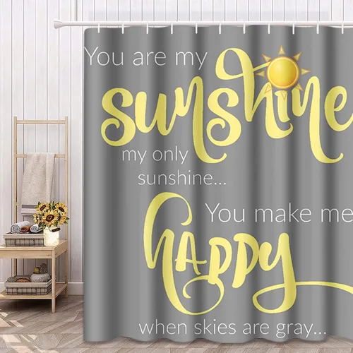 Vista 2 de Cortina de ducha "Eres mi sol" amarilla y gris, 66"x72", juego de cortinas de baño impermeables para decoración del hogar, con ganchos