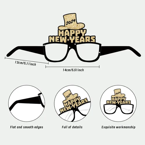 Vista 2 de 12PCS Happy New Year Eyeglasses,Headband Crown Party Favors Supplies Set Photo Propsfor 2024,Novel New Years Eve Celebration Glitter Paper Glasses