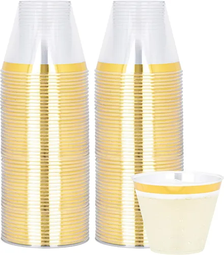 Vista 13 de PLASTICPRO Vasos de plástico desechables de 9 onzas, vasos de diseño antiguo, 100 unidades, transparente
