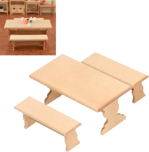 Vista 2 de Juego de mesa y banco de madera para casa de muñecas a escala 1:12, muebles de casa de muñecas en miniatura, mesa de comedor larga para sala