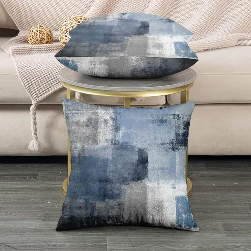 Vista 3 de Almohadas de terciopelo decorativas abstractas de color azul y gris, fundas de almohada de 16 x 16 pulgadas Juego de 2, azul marino, gris, fundas