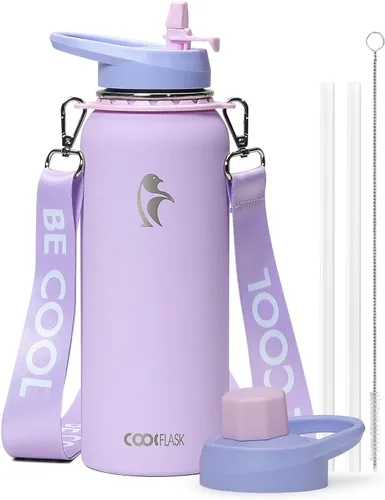 Vista 8 de Botella de agua Coolflask de 40 onzas con correa, botella de agua metálica aislada con popote y tapas con pico, acero inoxidable de doble pared al
