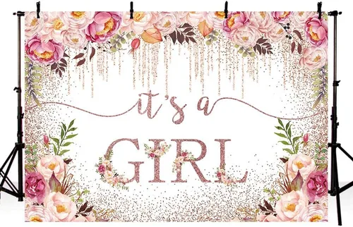 Vista 3 de Sendy Telón de fondo de baby shower de oro rosa de 7 x 5 pies para niñas, con texto en inglés "It's a Girl", fondo de fotografía para baby shower
