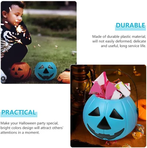 Vista 3 de Cubo de calabaza de Halloween con asa, soporte pequeño de plástico para dulces de calabaza para decoración y embalaje de fiesta de truco o trato