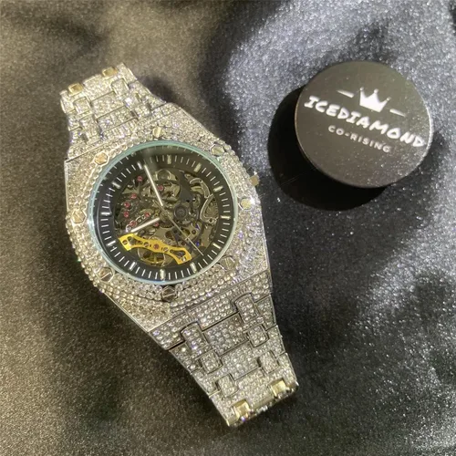 Vista 6 de ICEDIAMOND 43MM Iced Out Openwork Mechanical Automatic Wrist Watch, Full Shiny CZ Diamond Hand-Winding Skeleton Dial Luxury Watch for Men