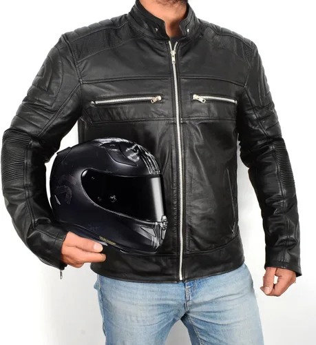 Vista 2 de LP-FACON Chaqueta de cuero para hombre con armadura Vintage Cafe Racer Powersports Equipo de protección Moto Biker Chaqueta acolchada