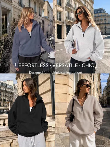 Vista 7 de Trendy Queen - Sudaderas con medio cierrey capucha de gran tamaño, comoda, extragrande, para otoño, Y2K, ropa de invierno, 2024 Gris