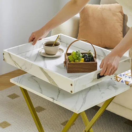 Vista 5 de IBUYKE Juego de 2 bandejas plegables para TV, mesa auxiliar con bandeja extraíble para servir alimentos, mesa portátil de madera para sala de estar