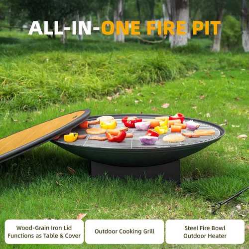 Vista 2 de Fogata de 32 pulgadas para exteriores, mesa de fogata de leña para exteriores con parrilla y tapa, hoguera portátil grande para patio trasero