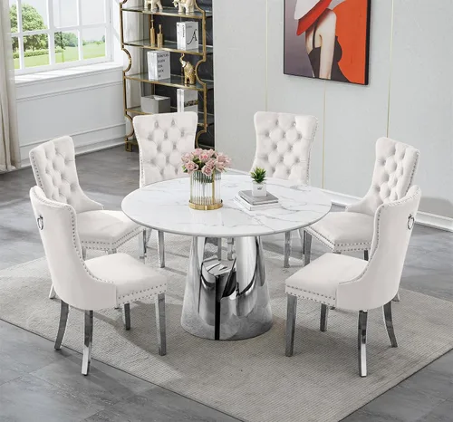 Vista 11 de SSLine Mesa de comedor redonda de mármol sintético blanco para 4-6, mesa de Mesa de oro blanco