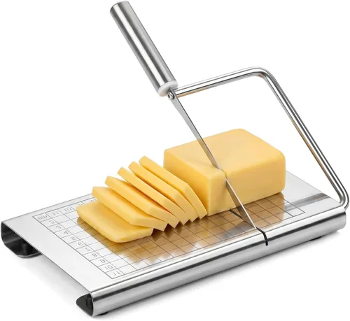 Vista 11 de Rebanador de queso con 2 piezas de cuchillo de queso, cortador de queso multiusos de acero inoxidable para queso en bloque con juego de 2 piezas
