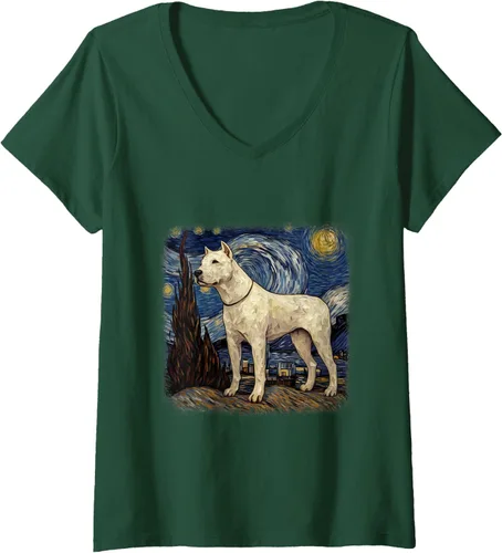 Vista 10 de Womens Van gogh Dogo Argentino in starry night V-Neck T-Shirt