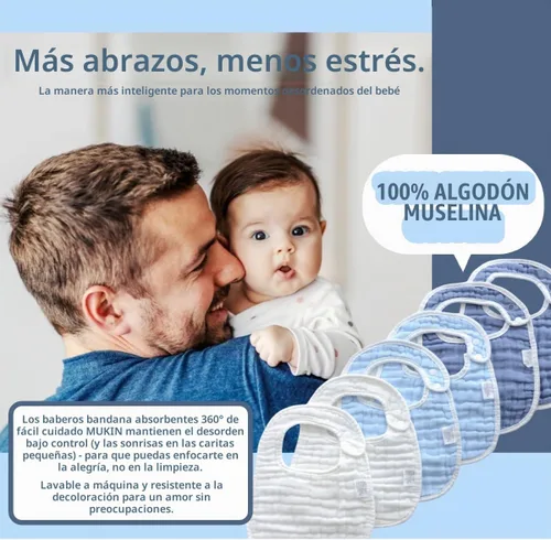 Vista 6 de MUKIN - Baberos y paños de muselina para bebé, paquete de 6, algodón suave y absorbente, ajustables