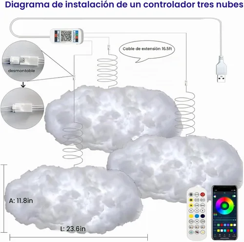 Vista 2 de Luces LED de nube para dormitorio, kit de iluminación nocturna creativa multicolor, sincronización de música con aplicación, tiras de luces que
