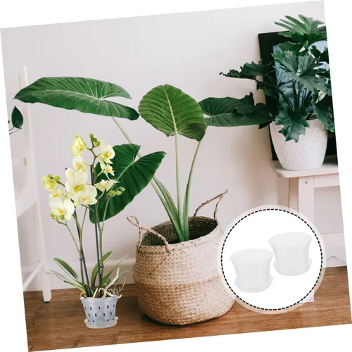 Vista 5 de 2 Sets Plastic Orchid Plant Nursery Pots with Saucers and Drain Holes Design for Root Viewing, Ventilated Base Tray, Home or Garden Use, Supports