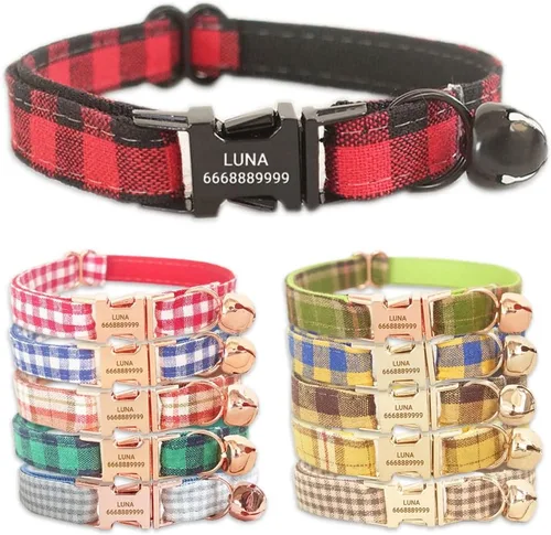 Vista 8 de PETDURO Collares de gato a cuadros personalizados hechos a mano con campana y hebilla de metal grabada con nombre personalizado para gatos lindos