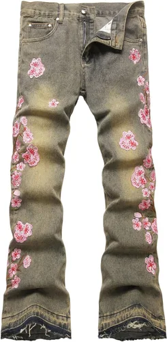 Vista 54 de Baylvn - Pantalones de mezclilla para hombre con diseño patchwork, ajustados y cómodos, estilo motociclista 3132 Camuflaje y azul