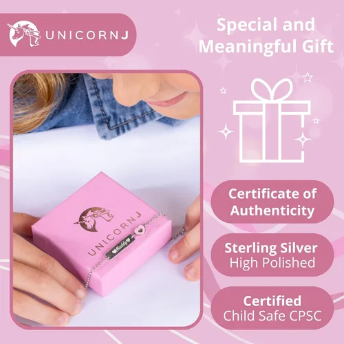 Vista 4 de UNICORNJ Pulsera de plata de ley 925 grabable con cadena Rolo para niñas con esmalte rosa de 6.5 pulgadas