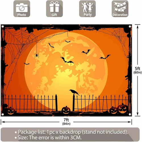 Vista 3 de Fondo de fotos de Halloween naranja de 7 x 5 pies para fiestas, parche grande de calabaza, luna, fotografía, fondo, bruja para niños, decoración