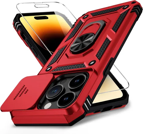 Vista 32 de Funda para iPhone 14 con cubierta para lente de cámara, protector de pantalla HD, protección contra caídas de grado militar de 10 pies, soporte