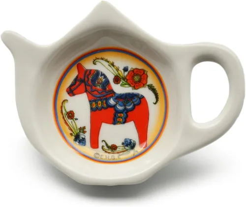 Vista 2 de Imán decorativo de cerámica con temática sueca de caballo Dala azul de 2.75 pulgadas ScandinavianGiftOutlet
