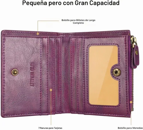 Vista 3 de Lavemi Carteras ultrafinas de cuero compacto para mujeres y niñas, con bloqueo RFID, tarjetero para tarjetas de crédito para mujeres 1-púrpura