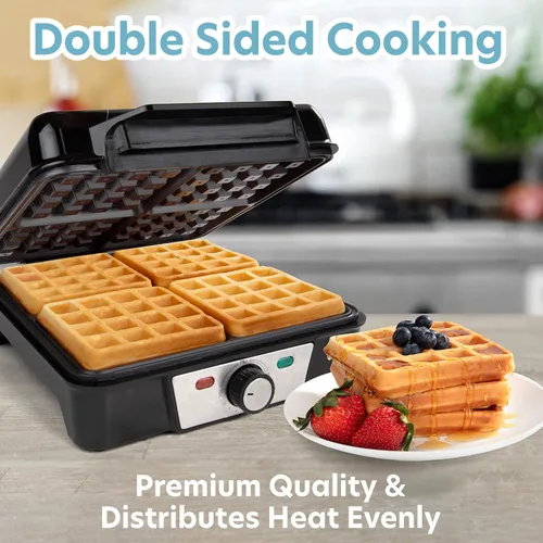 Vista 3 de CucinaPro Máquina para hacer gofres belgas de cuatro cuadrados, aparato de cocina extra grande de acero inoxidable con placas de hierro