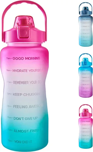 Vista 9 de EYQ Botella de agua potable gratuita sin fugas de 64 oz/128 oz con marcador de tiempo motivacional sin BPA para fitness, gimnasio y deportes al aire
