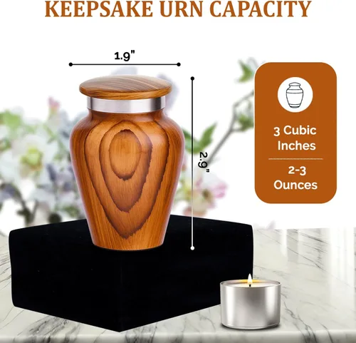 Vista 3 de Urnas Pequeñas con Estampado de Madera Metálica para Recuerdo de Cenizas Humanas - Mini Urna para Cenizas de Adultos Hombres y Mujeres - Juego