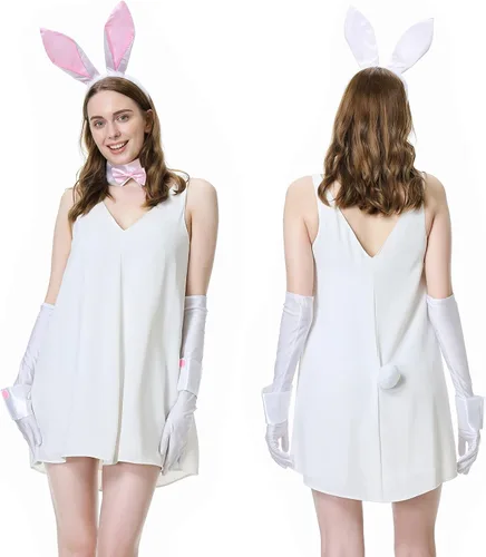 Vista 9 de Conjunto de disfraz de conejo con diadema de orejas de conejo, corbatín, cuello, puños y cola, conjunto de accesorios de conejo de Halloween