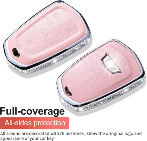 Vista 3 de Funda para llavero Cadillac con llavero, protector de llave de cuero con cristal compatible con Cadillac Escalade CTS SRX XT5 ATS STS CT6 5 botones