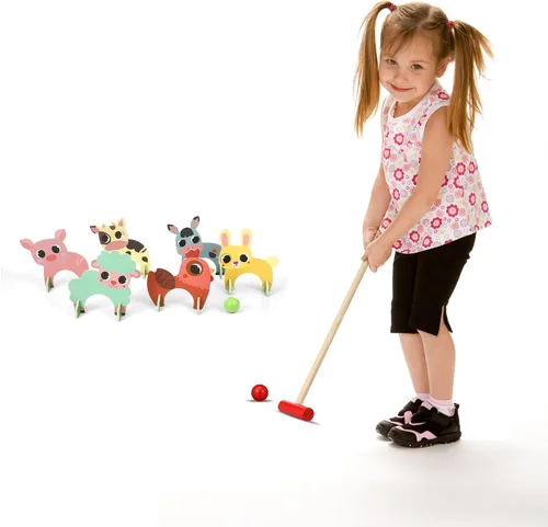 Vista 8 de TOYANDONA Juego de croquet para niños, juego de croquet de animales de madera de dibujos animados, divertidos juegos de césped para niños y niñas