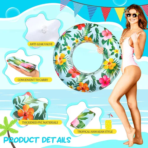 Vista 3 de Poen Flotadores grandes de piscina de 32 pulgadas con hojas tropicales, tubos inflables para piscina, anillos de piscina para adultos, suministros