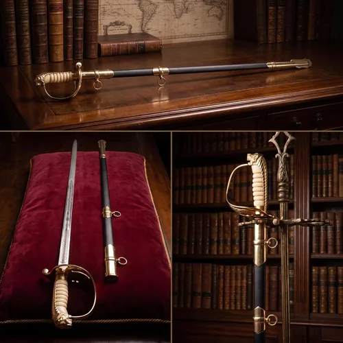 Vista 6 de Espada ceremonial de cabeza de león con vaina, hoja de acero inoxidable, longitud total de 38.2 pulgadas, peso total para exhibición y colección