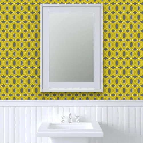 Vista 9 de Peel & Stick Wallpaper Swatch - Retro Geometric Mid Century Modern Yellow Gray Scale Geo Circles Vintage Custom Removable Wallpaper by Spoonflower