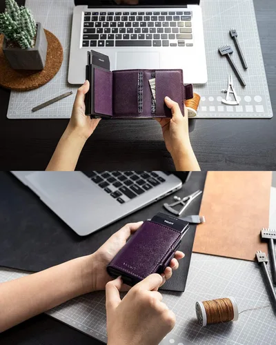 Vista 4 de VULKIT Tarjetero de crédito con bloqueo RFID de cuero automático billetera desplegable delgada con clip para dinero funda doble para tarjetas