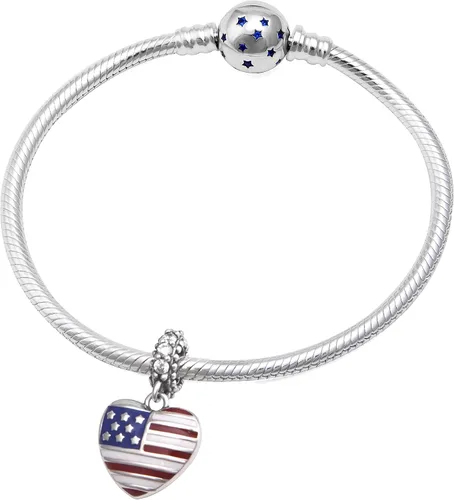 Vista 4 de Abalorio de plata de ley 925 con diseño de bandera estadounidense y corazón para pulsera europea