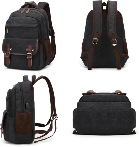 Vista 6 de Mochila de lona para laptop con puerto de carga USB, mochila vintage para hombres y mujeres, mochila negra de viaje para trabajo, mochila Negro