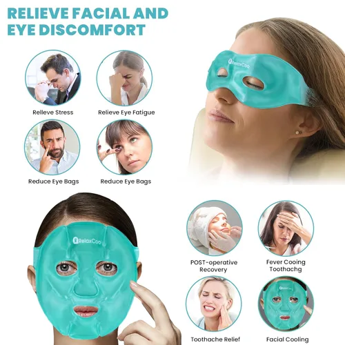 Vista 7 de RelaxCoo Máscara de hielo para cara y ojos para ojeras e hinchazón, compresa fría y caliente, paquete de mascarilla facial de gel frío refrescante