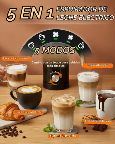Vista 2 de Espumador de leche eléctrico 5 en 1, espumador de leche automático para hacer chocolate caliente con mango de grano de madera, calentador de leche