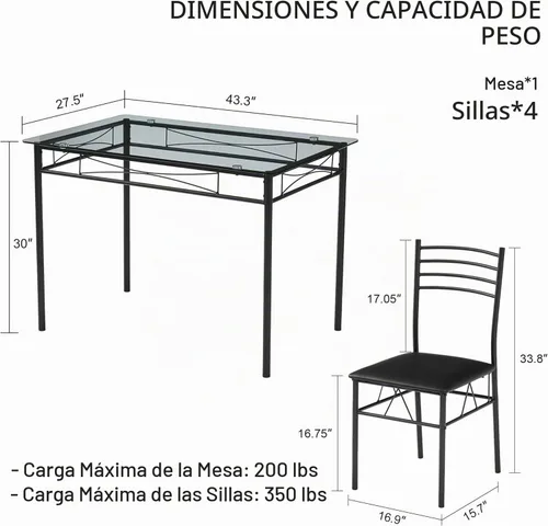 Vista 6 de VECELO Juego de mesa de comedor para 4, mesa de cocina de vidrio de 5 piezas con sillas acolchadas tapizadas para espacios pequeños, rincón
