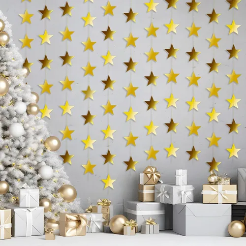 Vista 6 de Guirnalda de estrellas doradas con purpurina de 158 pies, 12 unidades, decoración reflectante de papel de estrella pequeña, decoración colgante