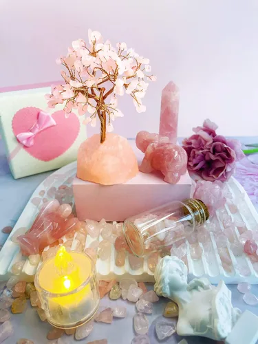 Vista 3 de DUQGUHO Árbol de cristal de cuarzo rosa, decoración rosa de cristal curativo, decoración de árbol de piedra preciosa de reiki de la suerte, regalos