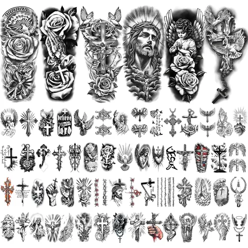 Vista 2 de 77 hojas de tatuajes temporales cristianos para mujeres y hombres, 17 hojas de tatuajes religiosos de media manga con cruz de Jesús, Dios y ángeles