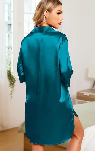 Vista 5 de Samring Camisón de seda para mujer, manga 34, con botones, camisola de satén para dormir