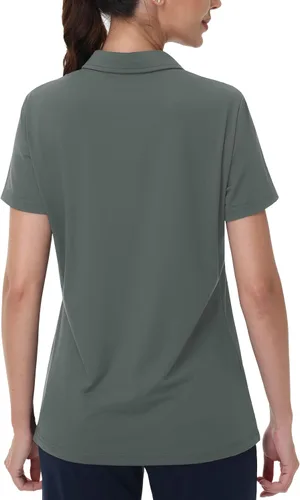 Vista 2 de MAGCOMSEN Camisas de golf para mujer, manga corta, cuello polo, cuello en V, secado rápido, protección solar UPF 50+