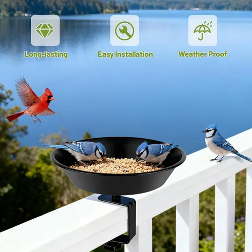 Vista 3 de Comedero para pájaros de balcón para barandilla de cubierta, montado en cubierta con bandeja de semillas para exteriores, acero resistente ajustable