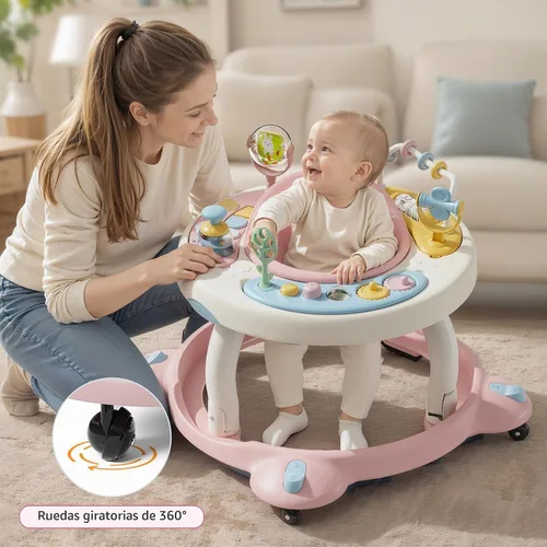 Vista 8 de Andador de bebé con ruedas, andador plegable para bebés de 6 a 12 meses, asiento giratorio de 3 posiciones con centro de actividad interactivo Rosa