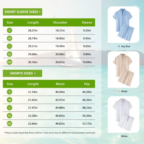 Vista 6 de AOTORR Conjunto de lino de 2 piezas para hombre, camisa de manga corta con botones y traje de playa corto